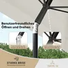 Close-up of a patio umbrella pole with informational callouts about its features. Produktbild-Vorschau