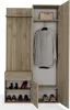 A modern hallway wardrobe with open doors, displaying shelves with shoes and a hanging garment. Produktbild-Vorschau