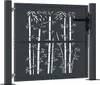 A dark gray metal garden gate with a white bamboo design, shown attached to a gray post. Produktbild-Vorschau