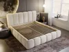 A beige upholstered bed frame with a slatted base is shown in a bedroom setting. Produktbild-Vorschau