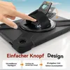 A close-up view of a black tablet case with a hand demonstrating how to use a strap mechanism. Produktbild-Vorschau