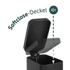 A black trash can with its lid open, showing the soft-close feature. Produktbild-Vorschau