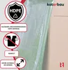 Product features and material information are displayed with icons and text on a light gray background, with a green tarp and a cardboard box in the background. Produktbild-Vorschau