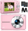 A pink digital camera with two batteries and a strap, shown from the front and back. Produktbild-Vorschau