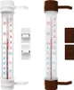 Two thermometers, one white and one brown, are shown side-by-side against a white background. Each thermometer has a scale with temperature markings and weather icons. Podgląd zdjęcia produktu