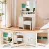 A collage of images showcasing a white vanity table with a stool, its features, and storage solutions. Voir les images du produit