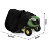 A black cover is placed over a green and yellow riding lawn mower. Dimensions are shown with text overlays. Produktbild-Vorschau