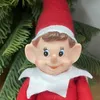 Nahaufnahme einer Weihnachtselfenpuppe mit rotem Hut und Anzug, weißem Kragen und braunen Haaren, vor einem grünen Weihnachtsbaum Produktbild-Vorschau