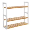 A three-tiered shelf unit with white supports and natural wood slats. Náhled obrázku produktu