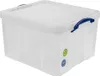 A transparent storage box with blue handles is shown against a white background. Voir les images du produit