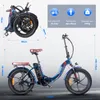 A diagram showing the dimensions and specifications of a blue folding electric bicycle. Produktbild-Vorschau