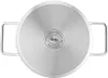 The bottom of a stainless steel pot with handles and a circular logo in the center. Produktbild-Vorschau