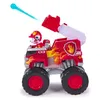 A toy fire truck with a dog figurine driving it, launching a blue projectile. Produktbild-Vorschau