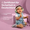 A baby wearing earmuffs sits on a pink surface, with text overlays describing product features. Anteprima dell’immagine prodotto