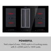 A black electric cooktop with integrated ventilation and text describing its power. Náhľad obrázku produktu