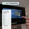 A hand is touching a screen of a coffee machine, which displays a list of EQ series coffee machines and instructions for inserting a filter. Produktbild-Vorschau