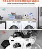 A split image showing a product in use and a negative example. The top shows a wooden countertop placed over two washing machines, with folded towels and bottles of cleaning products on it. The bottom shows a messy laundry room with laundry baskets and clo Náhled obrázku produktu