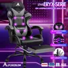 Marketing image of a gaming chair with various features highlighted by text and graphics. Podgląd zdjęcia produktu