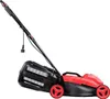 A red and black electric lawnmower shown from the side against a white background. Produktbild-Vorschau