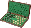 An open wooden checkers board with pieces on it, set against a white background. Voir les images du produit