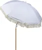 A white outdoor umbrella with fringe detail and a wooden pole, isolated on a white background. Náhľad obrázku produktu