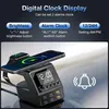 A digital clock and wireless charging station with a smartphone and smartwatch on it. Produktbild-Vorschau