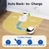 A robotic vacuum cleaner is shown returning to its charging dock, with diagrams illustrating its features and operation. Náhled obrázku produktu
