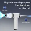 A close-up marketing image of a white and black handheld vacuum cleaner with blue light effects indicating suction and blowing functions. Produktbild-Vorschau
