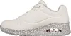 A side view of a white Skechers sneaker with a leopard print sole. Produktbild-Vorschau
