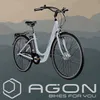 A white electric bicycle is shown against a backdrop of layered mountains. Produktbild-Vorschau