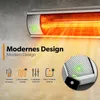 A marketing image showing a wall-mounted infrared heater with glowing heating elements and text describing its features. Náhled obrázku produktu