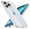 A clear iridescent iPhone case is shown diagonally, with another iPhone screen visible behind it. Produktbild-Vorschau