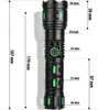 A diagram showing the dimensions of a black flashlight with green accents. Produktbild-Vorschau