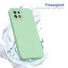 A light green phone case is shown with water splashing around it, suggesting water resistance. Produktbild-Vorschau