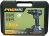 The image shows the packaging of a Procraft Industrial CD20A cordless impact drill. The packaging is a black case with green accents and features an image of the drill, along with various icons and text describing its features and specifications. Voir les images du produit