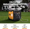 A portable generator is shown in a grassy outdoor setting with RVs in the background. Below the generator, there are icons and text describing its potential uses and power output. Produktbild-Vorschau