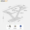 A technical drawing of a table base with dimensions and feature icons. Voir les images du produit