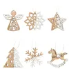 A collection of six wooden Christmas ornaments, including an angel, snowflake, star, Christmas tree, another snowflake, and a rocking horse, arranged in two rows on a white background. Produktbild-Vorschau