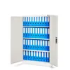 A white metal filing cabinet with its doors open, filled with blue binders. Produktbild-Vorschau