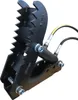 A black hydraulic excavator grapple attachment, also known as a thumb or grabber, is shown against a white background. Produktbild-Vorschau