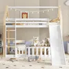A child's loft bed with a slide, decorated with string lights and teddy bears. Produktbild-Vorschau
