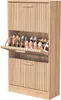A wooden shoe cabinet with multiple shelves and doors, filled with various shoes. Voir les images du produit
