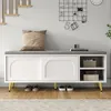 A shoe bench with storage is placed in a hallway or entryway, next to a staircase. Produktbild-Vorschau