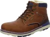 A single brown lace-up boot with a white sole and blue accents. Produktbild-Vorschau