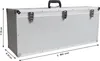 A silver aluminum case with dimensions indicated by text overlays. Produktbild-Vorschau