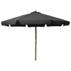 A black patio umbrella with a wooden pole is shown against a white background. Produktbild-Vorschau
