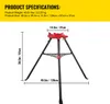 A red and black pipe vise stand with dimensions indicated by measurement lines and text. Podgląd zdjęcia produktu