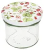 A clear studio shot of a glass jar with a lid decorated with strawberries and leaves. Produktbild-Vorschau