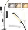 A collage of images showing a black LED floor lamp with its accessories and different light color temperatures. Produktbild-Vorschau