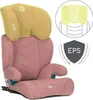 A pink car seat with a yellow headrest, shown with diagrams and text overlays. Náhled obrázku produktu